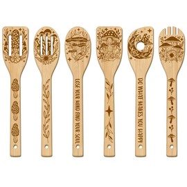GLOBLELAND 6Pcs Mushroom Bamboo Cooking Utensils Wooden Engraved Cooking Spoons Set Carving Kitchen Bamboo Spatula Set Wood Cooking Spoon for Kitchen House Warming Gift
