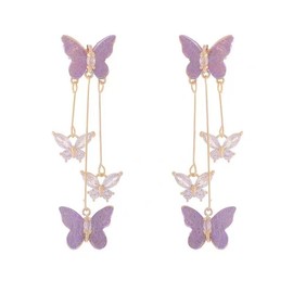 Purple Crystal Butterfly Tassel Earrings for Women Crystal Rhinestone Drop Dangle Earrings 3D Butterfly Earrings Wedding Jewelry for Women