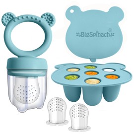 Silicone Freezer Tray and Baby Fruit Feeder Combo - Soothing Teething Relief and Food Storage Container for Babies (6 Months and Up) - Teether Toy (Blue)