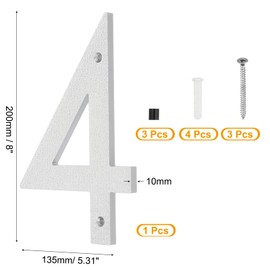 PATIKIL 8 Inch House Numbers, House Address Number Plate, Large Floating Modern House Number with Screws for Exterior Door, Wall Street, Silver, 4