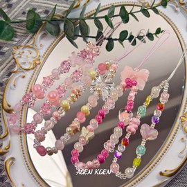 AGEN KGEN Phone Charms Cute Beaded Phone Lanyard Wrist Strap Aesthetic CellPhone Keychain Cute PhoneCharms for Women (4x Cute Pink)