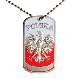 Polart, Polish Red and White Dog Tag Necklace Featuring Gold Eagle with Crown and POLSKA Word Design Necklace - Antique Inspired Chain Jewelry - Cool and Patriotic Country Necklace for Men and Women