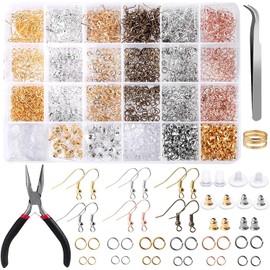 Towinle 2490 Pieces Earring Hooks Earring Making Kit with Pliers and Tweezers for Jewellery Making and Earring Repair, 6 Colours