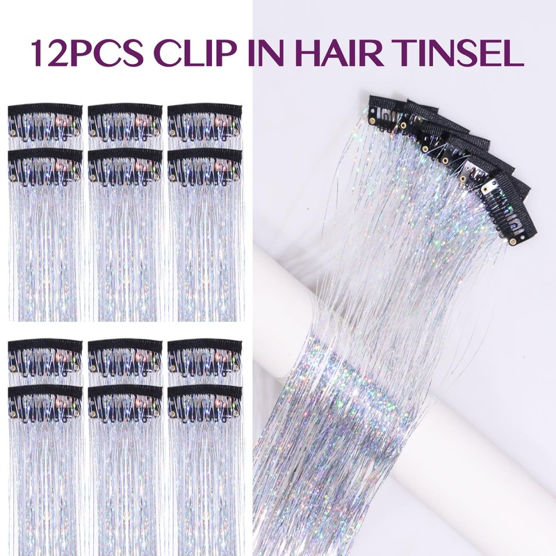 IDN BEAUTY Hair Tinsel Clip in, 12pcs Silver Sparkling Tinsel