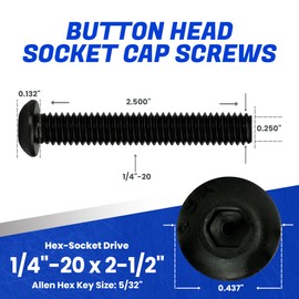 Fastenere Button Head Socket Cap Screws - 1/4-20 x 2-1/2" (25-Pcs) Alloy Steel, Fully Threaded, Fine Black Oxide Finish, Corrosion-Resistant, Machine Thread, Easy to Install w/Allen Hex Drive