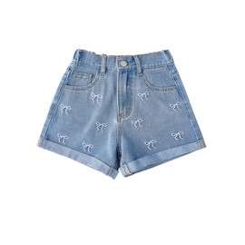 oyyniis Girl's Bow Jean Shorts Cute Y2K High Waist Straight Leg Denim Shorts Trendy Teen Girls Back to School