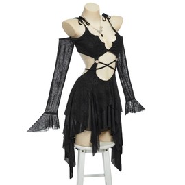 MEOWCOS Women's Gothic Camisole Dress A-line Goth Dress Spider Web Pattern Midriff Cut Out Dress