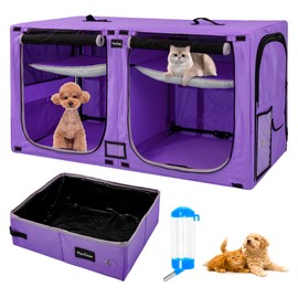 PETEASE Portable Double Dog Crate,Twin Compartment Cat Show House Condo,Pet Travel Carrier Cages with Litter Box Water Bottle Mat and hamock,Two Room Cat Enclosure Playpen