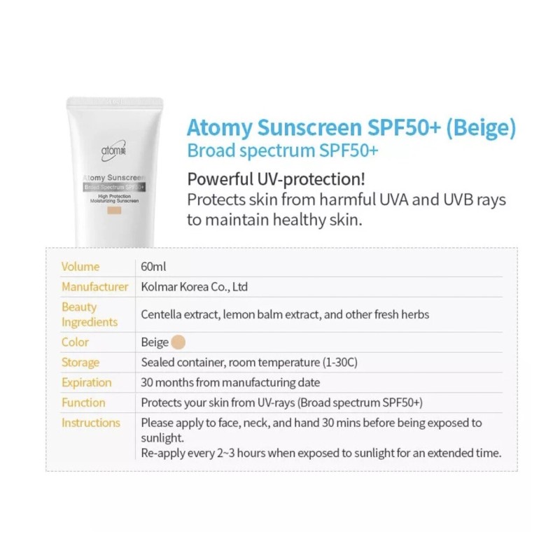 ATOMY Sunscreen SPF 50+ Pa+++ Beige 60ml 2EA. Free Shipping