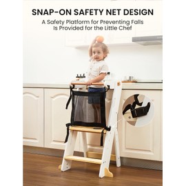 GROWNSY Foldable Toddler Tower, Toddler Kitchen Standing Helper, Kids Learning Tower with 3 Adjustable Heights and Safety Net for Kitchen Bathroom Sink Counter (White)