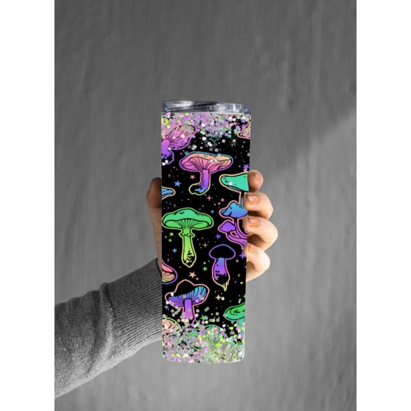 Handmade Neon Mushroom 20 Oz. Stainless Steel Skinny Tumbler With