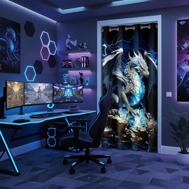 Castle Fairy 3D Western Dragon Door Curtain for Boys Girls Thunder Lightning Doorway Curtain 34" Wx 80" L Blue Shiny Diamond Blackout Curtain Dragon Animal Curtain Tapestry for Hallway