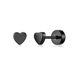 20g Black Heart Love Flat Back Small Stud Earrings for Women Cute Minimalist Stainless Steel Love Hearts Screw Catilage Tragus Piercing Sleeper Tiny Studs Hypoallergenic 4mm