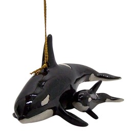 Orca Whale with a Baby Whale Christmas Ornament, Nautical Theme, Holiday Décor, 2 1/2 Inches Tall