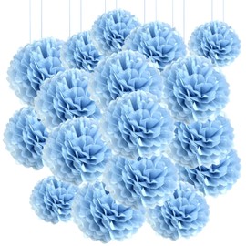 Qimoo 20pcs Lake Blue Paper Pom Poms Decorations, DIY Decorative Tissue Paper Pom-poms Flowers Ball for Party Wedding Outdoor Decoration