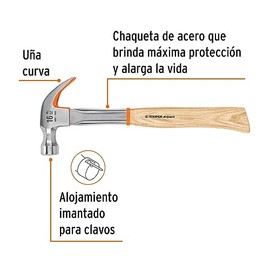 Truper Expert MO-16X, Martillo profesional, pulido espejo, uña curva, 16 oz                                                                           