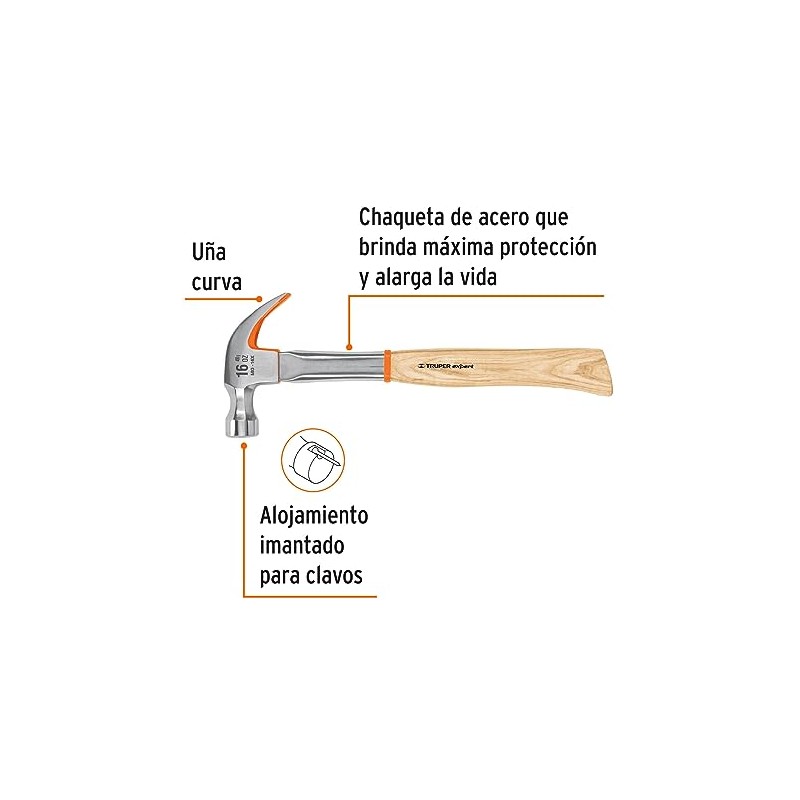 Truper Expert MO-16X, Martillo profesional, pulido espejo, uña curva, 16