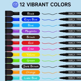 PRZRU Magnetic Dry Erase Markers Fine Tip - 12 Colors Whiteboard Markers with Eraser Cap, Low Odor Thin Dry Erase Markers for Kids Teachers, Work On White board & Calendar, Refrigerator