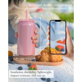 UIRZOTN Glass Cups with Lids and Straws, 16oz Stainless Steels Cups, Beer Cups, Iced Coffee Cup, Smoothie Cup, Sublimation Tumbler, Pink (Shiny Polished Finish, Sublimatable)