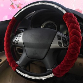 Bling Bling Steering Wheel Cover Universal Luxury Plush Belt Crystal Rhinestone Non-Slip Wheel Protective Cover Women's Girls New 15 inches Wine red