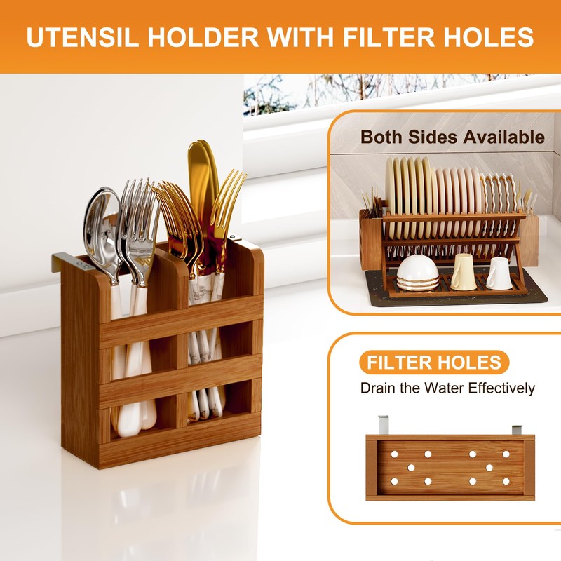 Greenual Teak Dish Drying Rack with Utensil Holder, 3 Tier