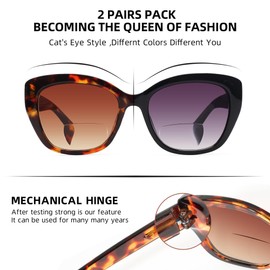 LADEESSE Reading Sunglasses for Women - Stylish Bifocal Sunglasses with Readers Built-in - UV400 Protection - 2 Pack+1.75