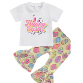 Momkonzz Toddler Girls Easter Outfits Little Girls Bunny Easter Egg Print Tops and Pants Clothes Set Children Short Sleeve Summer Clothing 1-2 Years