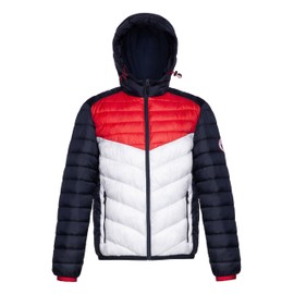 Rokka&Rolla Men's Lightweight Water Resistant Hooded Quilted Poly Padded Puffer Jacket, Night Sky/Bright White/High Risk Red, Medium