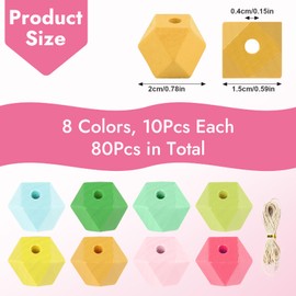 Deepton Pack of 80 Wooden Beads for Threading, Wooden Beads, Colourful, 15 mm Wooden Balls with Hole Geometric, Natural Craft Beads, DIY Wooden Beads Set for Jewellery Crafts