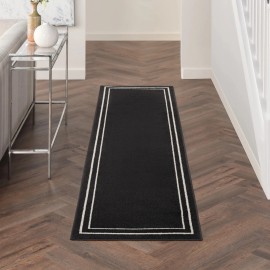 Nourison Essentials Indoor/Outdoor Solid Area Rug Black/Ivory 8' Runner