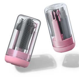 Kit de limpieza de botellas de viaje con juego de cepillos para biberones y base de secado, dispensador de jabón, regalo para nuevas mamás (rosa de pecho)