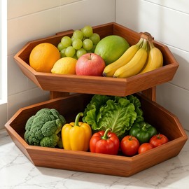 Tequie Wooden Fruit Basket for Kitchen Counter 2 Tier Fruit Bowl for Corner