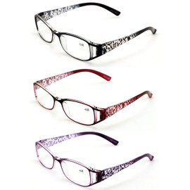 V.W.E. 3 Pairs Women Flower Floral Readers - Fashion Reading Glasses Magnification (3 Pairs (Black/Maroon/Purple), 4.00)