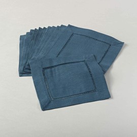 Fennco Styles Solid Color Vibrant Hemstitched Linen Blend Coaster Cocktail Napkins 6 x 6 Inch, Set of 4, Indigo