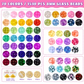 8mm Glass Beads Bracelet Making Kit, 1540pcs 70 Colors Crystal Beads for Jewelry Making, Funtopia Round Glass Beads for Bracelets and DIY Crafts, Solid and Crackle Colors