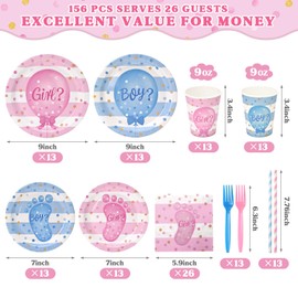156Pcs Gender Reveal Plates and Cups and Napkins Sets with Forks and Straws, Party Supplies, Pink and Blue Plates, He or She Baby Gender Reveal Decorations, Boy or Girl (Serves 26)