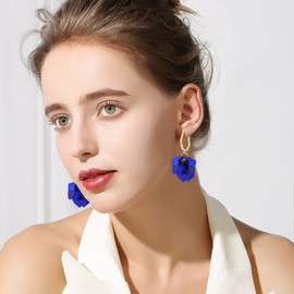 Anmpab Boho Long Acrylic Rose Petal Drop Dangle Earrings Bohemian Resin Multicolored Flower Statement Floral Tassel Earrings Layered Floral Petal Earrings for Women Bridal Prom Gifts (Blue)