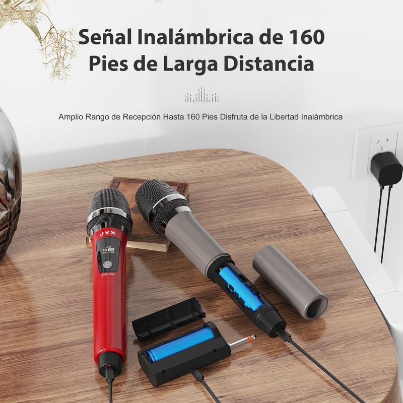 JYX Micrófonos Inalámbrico,Doble UHF Metal Recargable dinamico Sin Cable,microfono karaoke