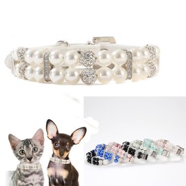 Pearl Dog Collars for Small Dogs, Bling Rhinestone Cat Necklace Cute Crystal Puppy Collars for Small Medium Female Dogs Girl Kitten, Diamond Pet Jewel for Wedding Birthday Party Gift, White XS