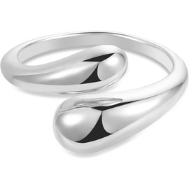 Chunky Gold Rings for Women 14K Gold Plated Chunky Teardrop Water Drop Ring Silver Adjustable Large Thick Smooth Curved Open Thumb Finger Rings for Women Men (Silver)