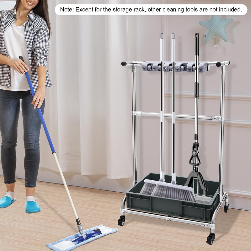 Cbhfmljd Broom and Mop Holder, Movable Floor-Mounted Mop Rack Broom