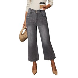 Dokotoo Wide Leg Pants Jeans for Women Trendy Womens Pants High Waisted Pants Baggy Straight Petite Jeans 2024 Outfits Fashion Clothes Casual Summer Pants Pocket Trousers Stretch Denim Medium Grey