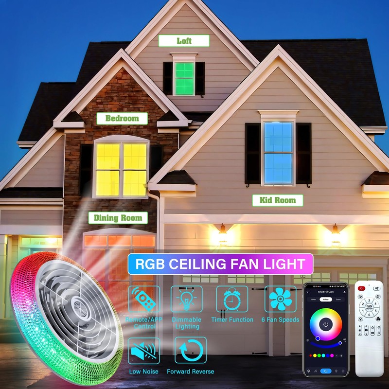 TCFUNDY Ceiling Fan with Light, 16" LED RGB Low Profile