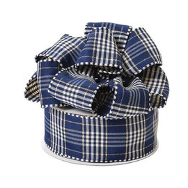 Navy Blue with White and Gold Stripes Plaid Wired Ribbon - 1 1/2in. x 25 Yards - 1 Spool
