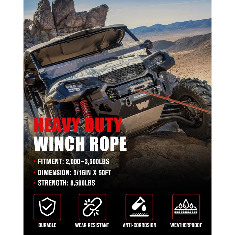 FieryRed 3/16” Winch Rope Cable,50 FT 8500 LBS ATV/UTV Synthetic