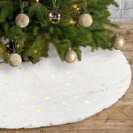 DegGod Plush Christmas Tree Skirts, 30 inches Luxury White Faux Fur Xmas Tree Base Cover Mat with Gold Stars for New Year Home Party Decorations (White Star, 30 inches)