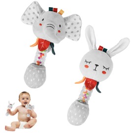 Baby Toys 0-6 Months,Soft Plush Baby Rattles for Babies 0-6 Months Animals Hand Rattle Sensory Toys with Educational Bells，Shower Gift for Newborn Toys Baby Boys Girls 2 Pack(Elephant,Bunny)