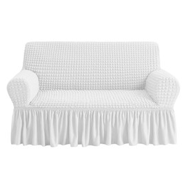 NICEEC Loveseat Slipcover White Loveseat Cover 1 Piece Easy Fitted Sofa Couch Cover Universal High Stretch Durable Furniture Protector Love Seat with Skirt Country Style (2 Seater White)