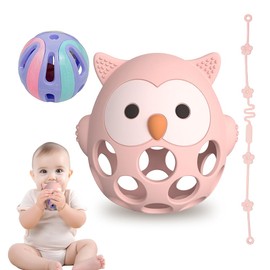 Teething Ring & Rattle for Babies - Sensory Toy from 0 Months, Teething Aid & Grasping Ball - Gift for Boys & Girls (Owl Pink)
