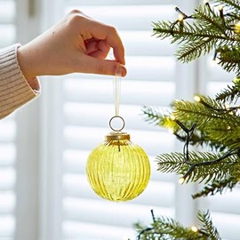 Coloured Recycled Glass Ribbed Baubles - Fair Trade Holiday Décor - Handmade Xmas Hanging Glass Ornaments - Christmas Tree Decoration (Yellow)